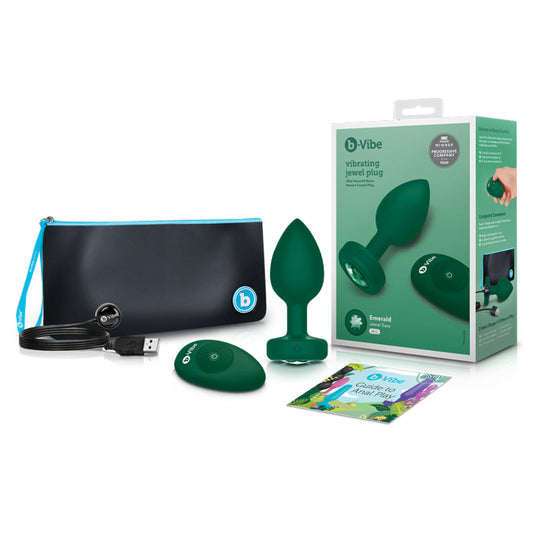 b-Vibe Vibrating Jewel Rechargeable Remote-Controlled Anal Plug with Gem Base Emerald M/L - Red Garter