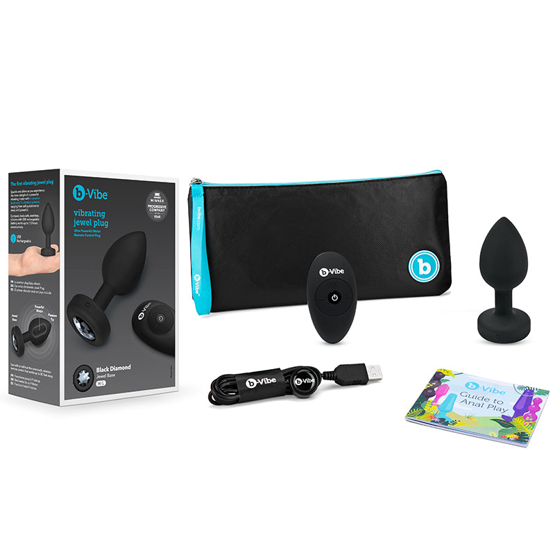 b-Vibe Vibrating Jewel Rechargeable Remote-Controlled Anal Plug with Gem Base Black Diamond M/L - Red Garter