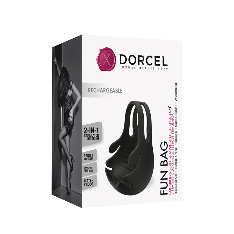 Dorcel Fun Bag Rechargeable Silicone Vibrating Cockring & Testicle Stimulator Black - Red Garter