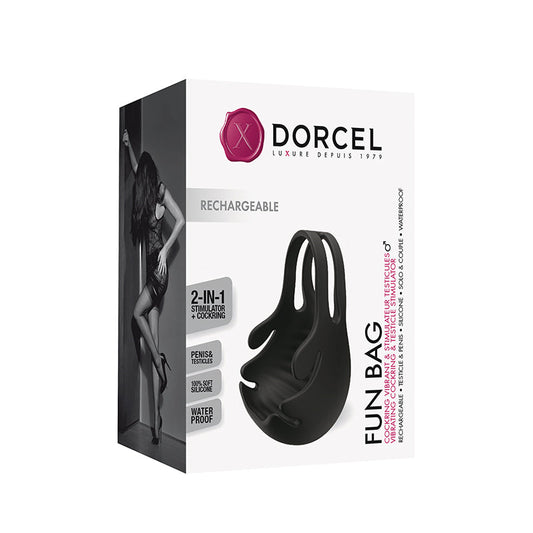 Dorcel Fun Bag Rechargeable Silicone Vibrating Cockring & Testicle Stimulator Black - Red Garter