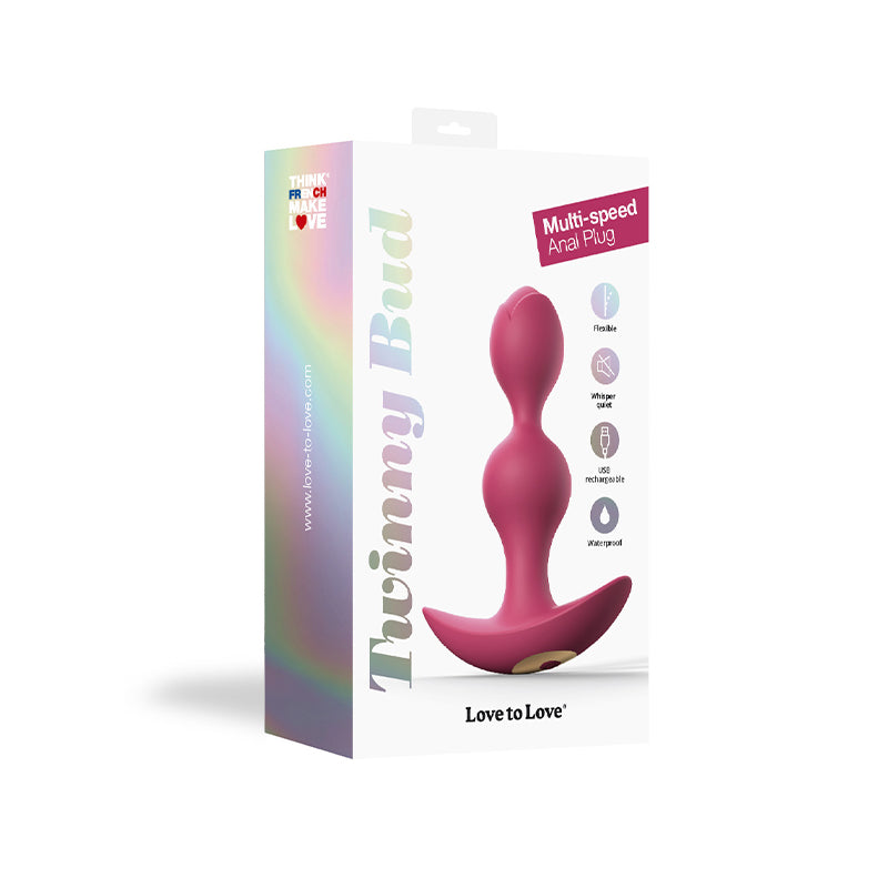 Love to Love Twinny Bud Rechargeable Silicone Multi-Speed Vibrating Anal Plug Plum - Red Garter