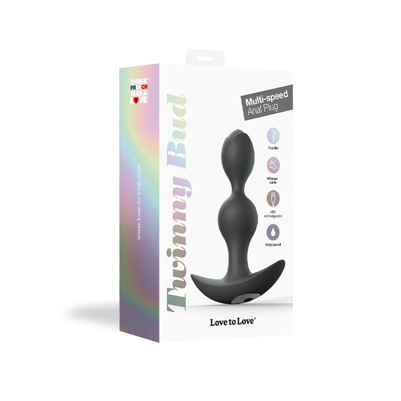 Love to Love Twinny Bud Rechargeable Silicone Multi-Speed Vibrating Anal Plug Black - Red Garter