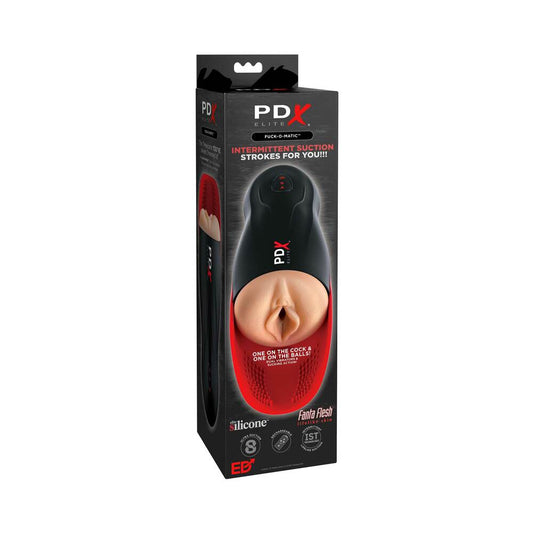 PDX Elite Fuck-O-Matic Rechargeable Vibrating Suction Stroker With Ball Cradle - Red Garter