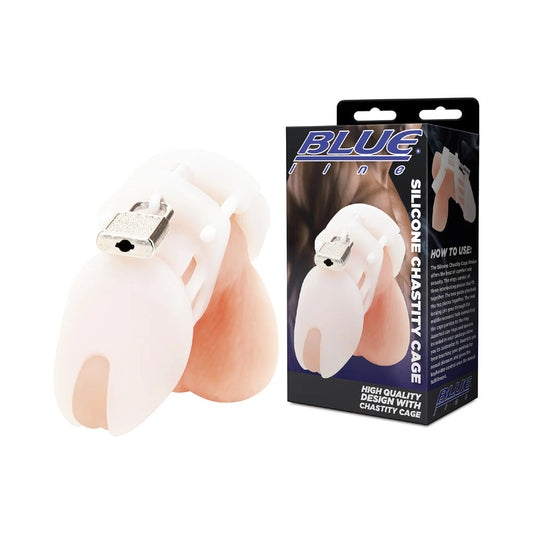 Blue Line Silicone Chastity Cock Cage White - Red Garter