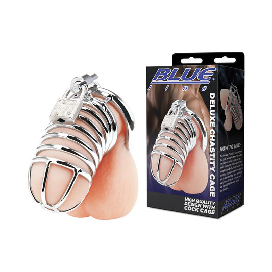 Blue Line Deluxe Chastity Cage Silver - Red Garter