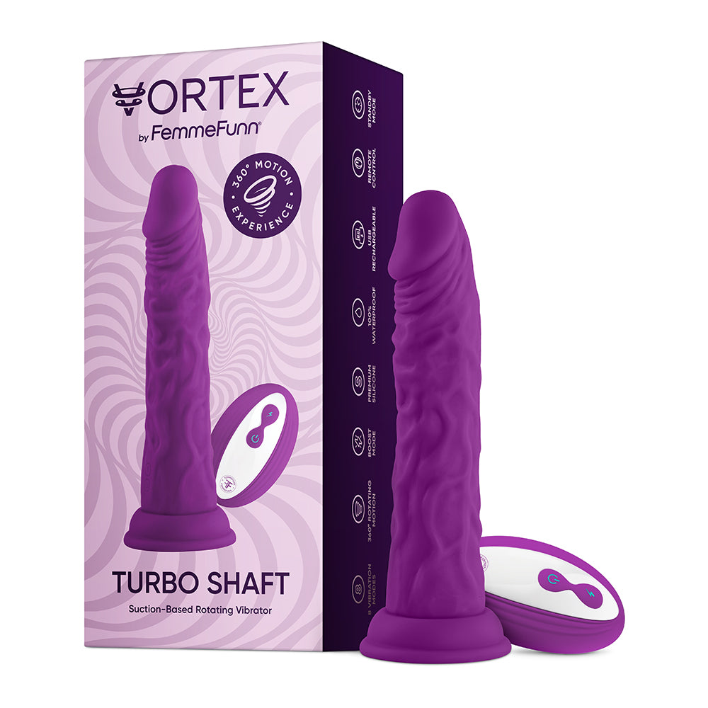 FemmeFunn Vortex Turbo Shaft 2.0 8 in. Vibrating Rotating Dildo Purple - Red Garter