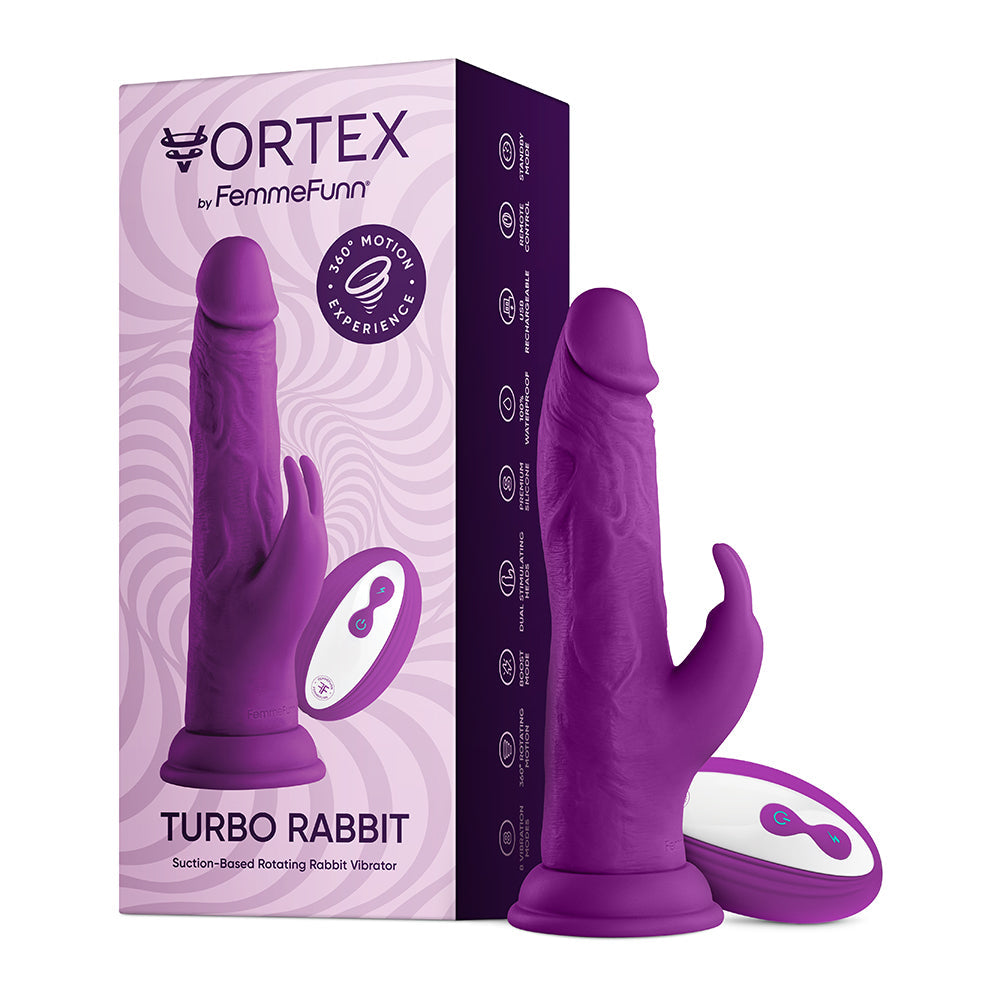 FemmeFunn Vortex Turbo Rabbit 2.0 8 in. Dual Stimulation Vibrating Dildo Purple - Red Garter