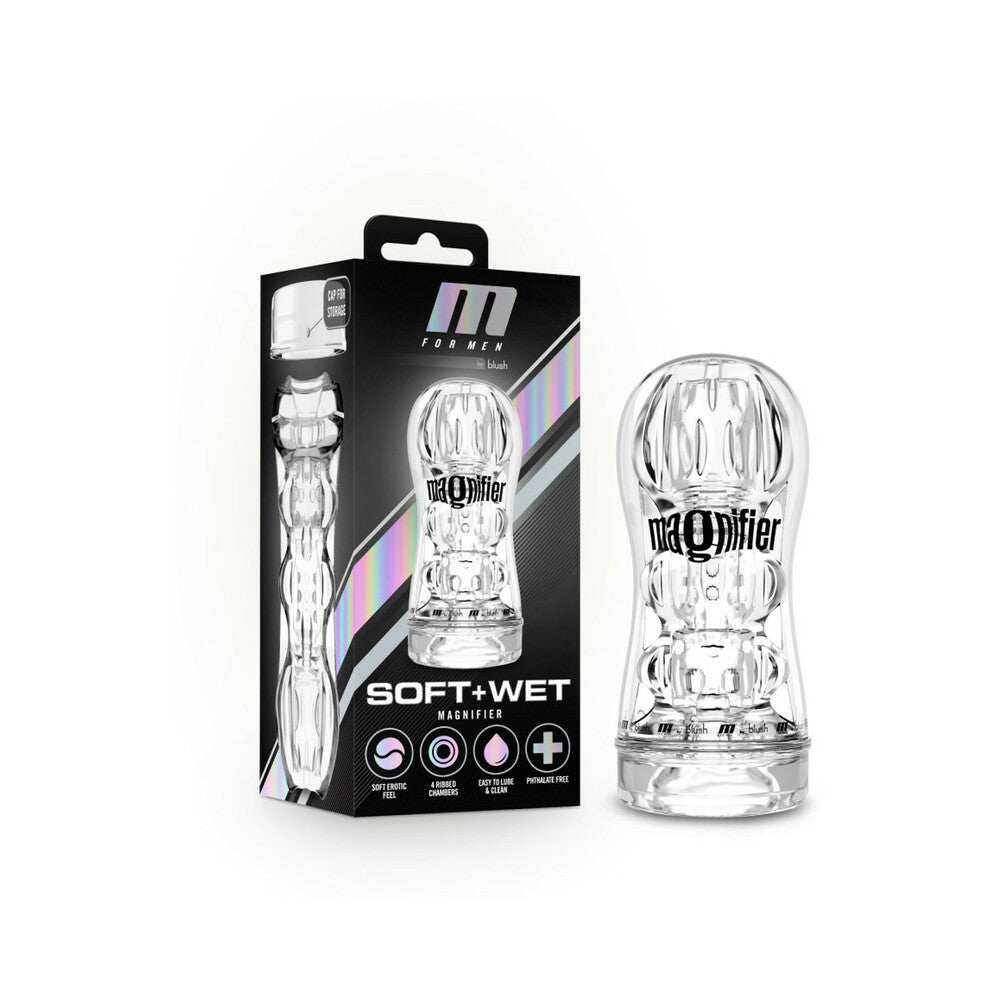 Blush M for Men Soft + Wet Magnifier Self-Lubricating See-Through Stroker Clear - Red Garter