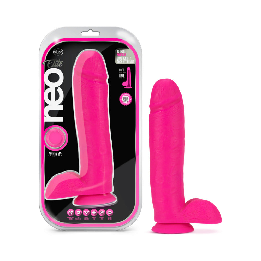 Blush Neo Elite 10 in. Silicone Dual Density Dildo with Balls & Suction Cup Neon Pink - Red Garter