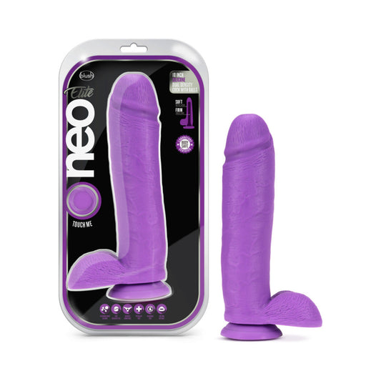 Neo Elite 10 in. Silicone Dual Density Dildo with Balls & Suction Cup Neon Purple - Red Garter