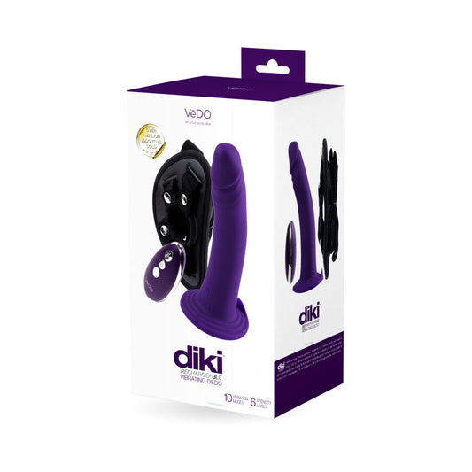 Vedo Diki Rechargeable Vibrating Dildo With Harness Deep Purple - Red Garter