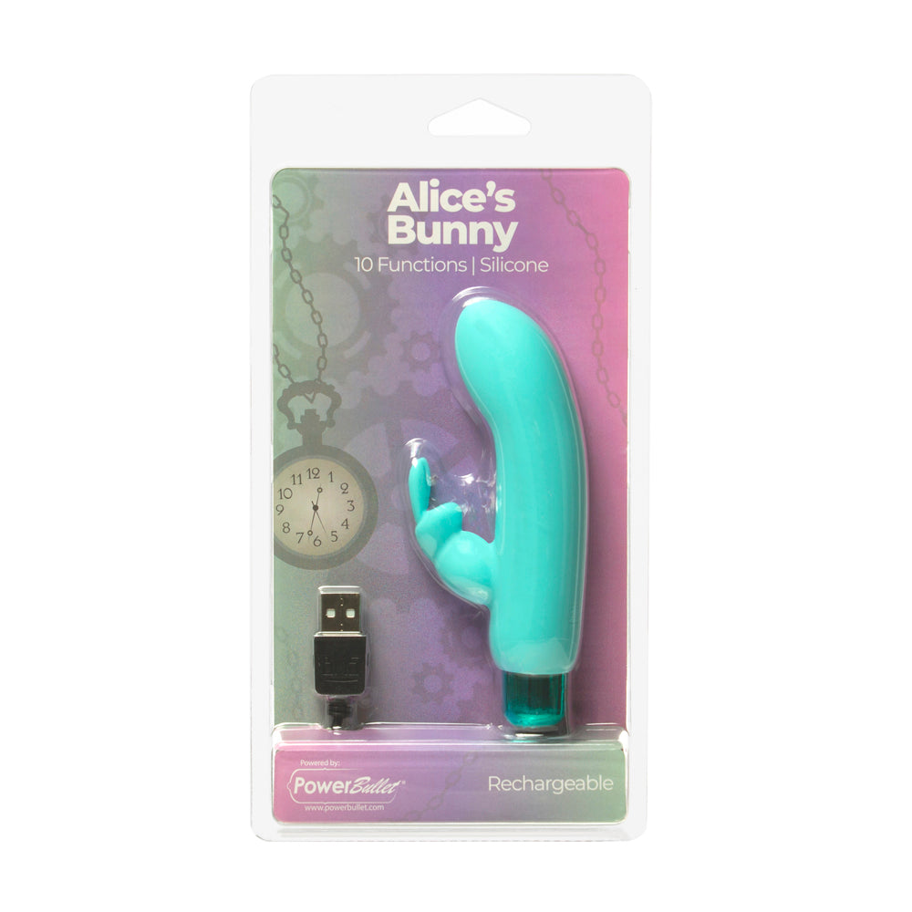 Powerbullet Alice''s Bunny Rechargeable Bullet Vibrator with Silicone Rabbit Sleeve Teal