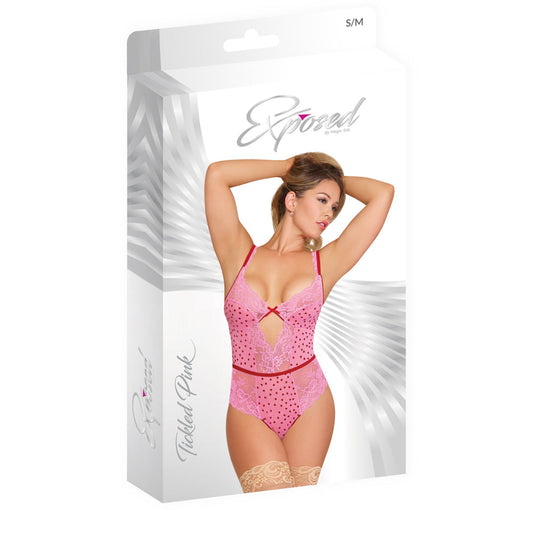 Magic Silk Tickled Pink Balconette Teddy Pink S/M - Red Garter