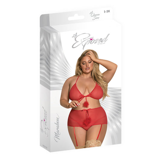 Magic Silk Marabou Bra, Garter Skirt & G-String Set Red QUEEN - Red Garter