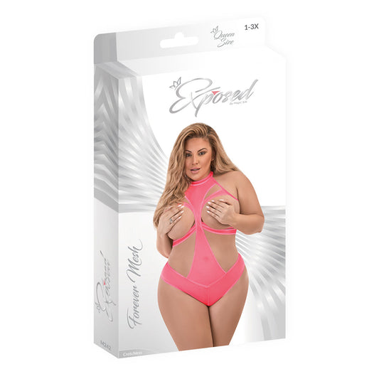 Magic Silk Forever Mesh Cupless & Crotchless Halter Teddy With Split-Back Coral QUEEN - Red Garter