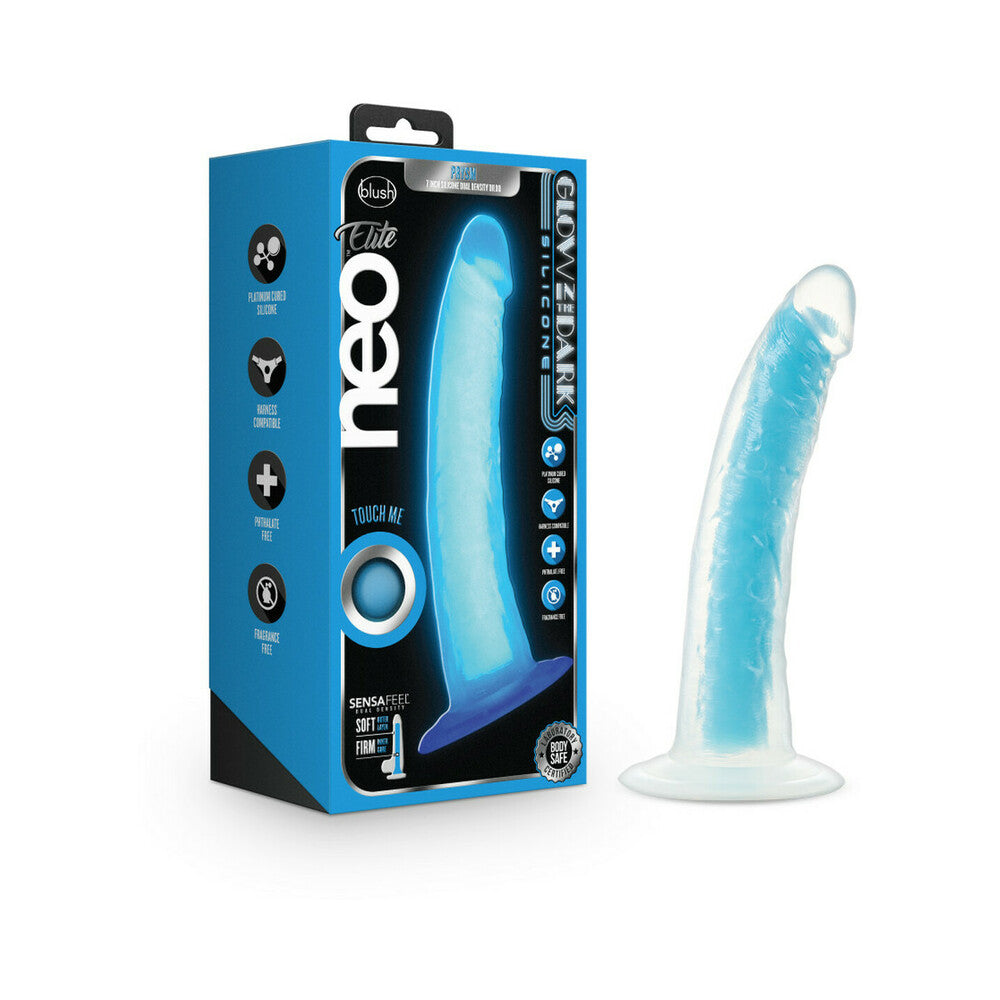 Blush Neo Elite Glow in the Dark Prysm 7 in. Silicone Dual Density Dildo with Suction Cup Neon Blue - Red Garter