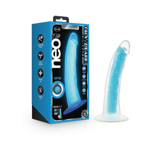 Blush Neo Elite Glow in the Dark Prysm 7 in. Silicone Dual Density Dildo with Suction Cup Neon Blue - Red Garter