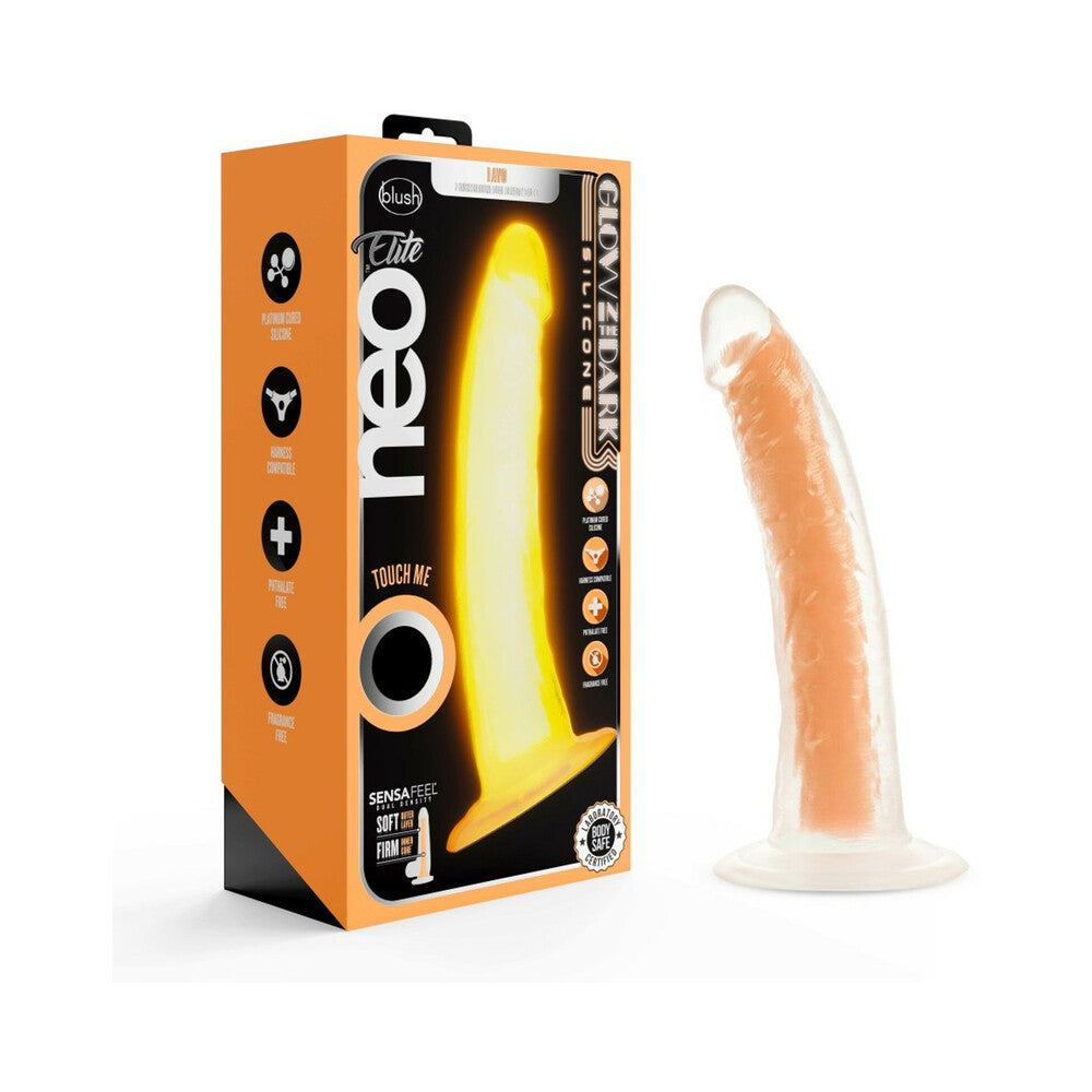 Blush Neo Elite Glow in the Dark Viper 7 in. Dual-Density Dildo Neon Orange - Red Garter