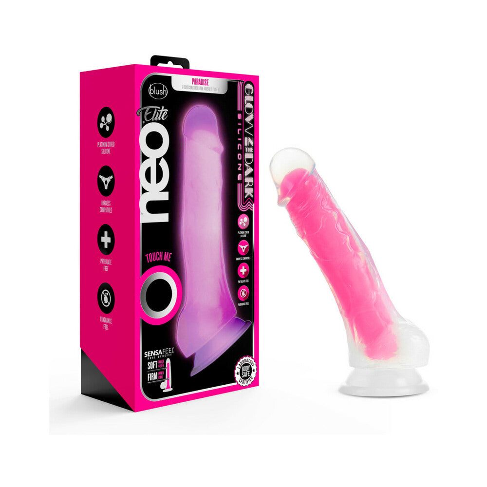 Blush Neo Elite Glow in the Dark Viper 7 in. Dual-Density Dildo Neon Pink - Red Garter