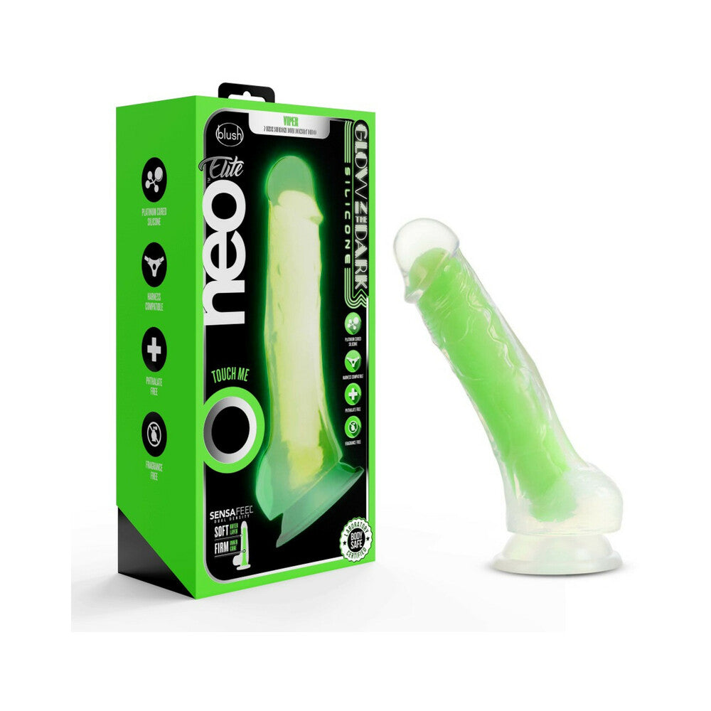 Blush Neo Elite Glow in the Dark Viper 7 in. Dual-Density Dildo Neon Green - Red Garter