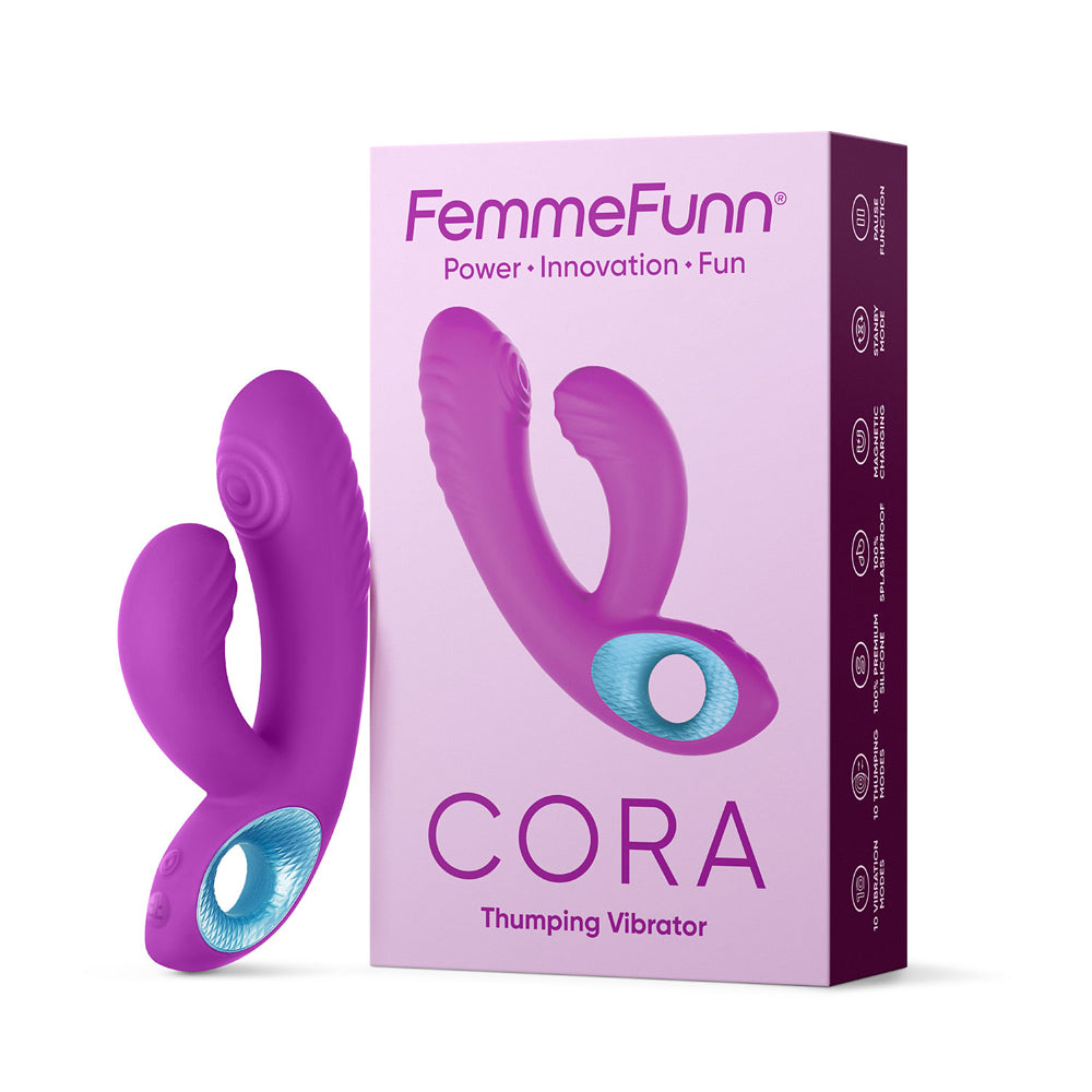 FemmeFunn Cora Rechargeable Silicone Thumping Dual Stimulation Vibrator Purple - Red Garter