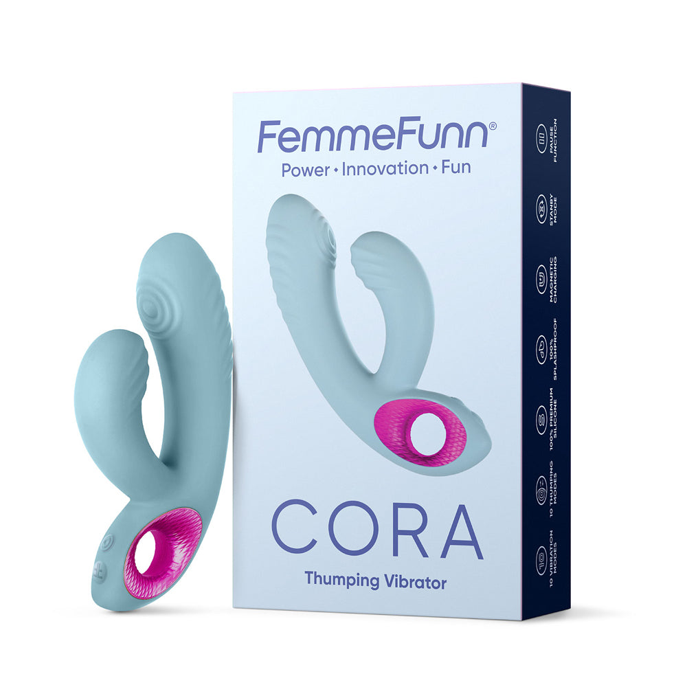 FemmeFunn Cora Rechargeable Silicone Thumping Dual Stimulation Vibrator Light Blue - Red Garter