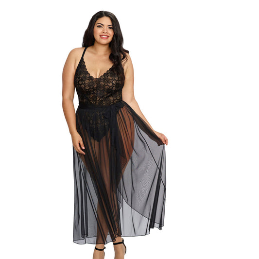 Dreamgirl Teddy & Sheer Mesh Maxi Skirt With G-String Black Queen 2X Hanging - Red Garter