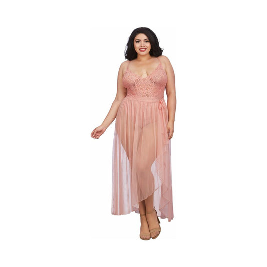 Dreamgirl Teddy & Sheer Mesh Maxi Skirt With G-String Rose Queen 2X Hanging - Red Garter