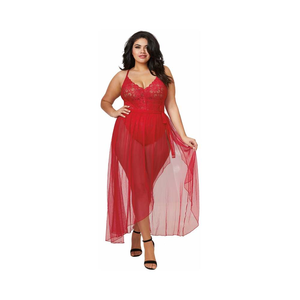 Dreamgirl Dreamgirl Teddy & Sheer Mesh Maxi Skirt With G-String Rouge Queen 2X Hanging - Red Garter