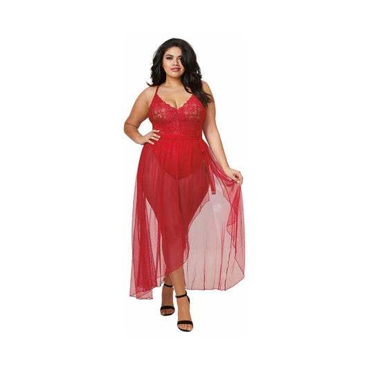 Dreamgirl Dreamgirl Teddy & Sheer Mesh Maxi Skirt With G-String Rouge Queen 2X Hanging - Red Garter