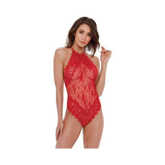 Dreamgirl Eyelash Lace Halter Teddy With High Tie-Neck Closure & Snap Crotch Red Large Hanging - Red Garter