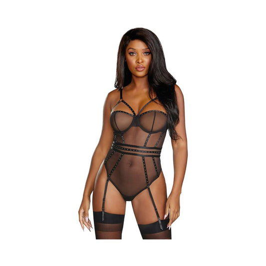 Sheer Stretch Mesh Snap Crotch Teddy With Removable Garters Black Medium Hanging - Red Garter