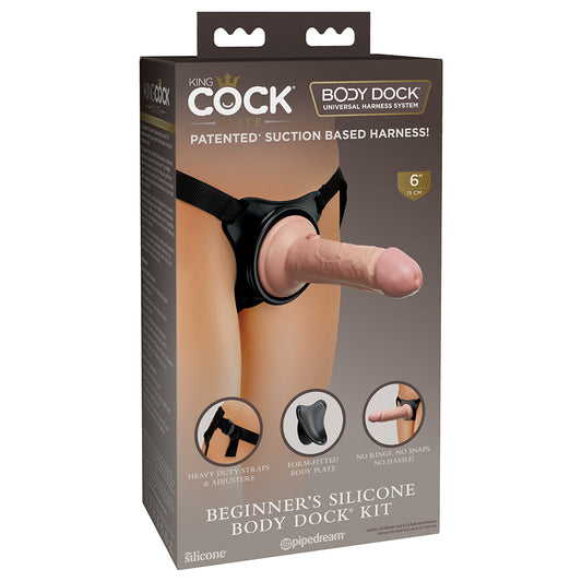 Pipedream King Cock Elite Beginner''s Silicone Body Dock Kit With Dildo Beige/Black - Red Garter