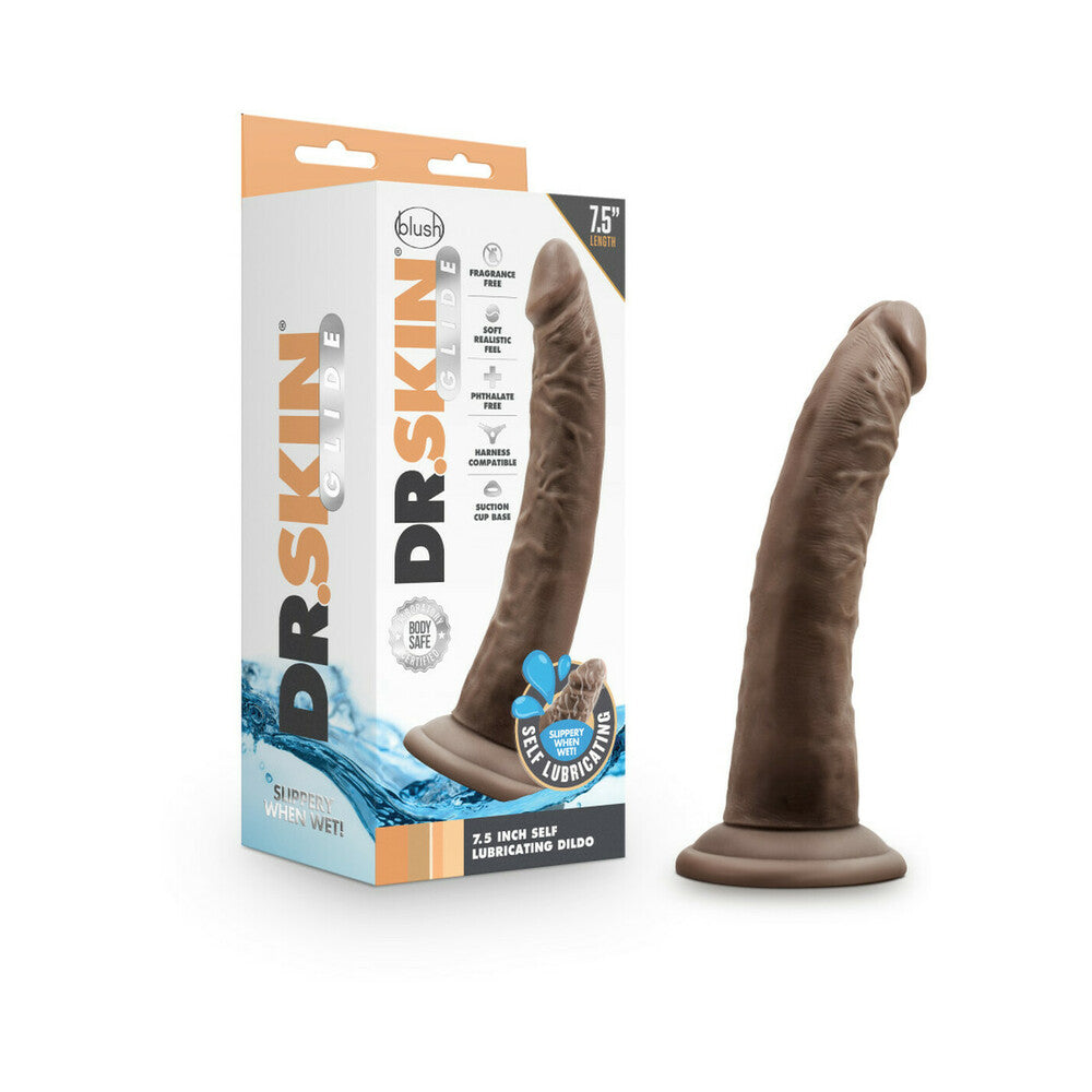 Blush Dr. Skin Glide Realistic 7.5 in. Self-Lubricating Dildo with Suction Cup Brown - Red Garter