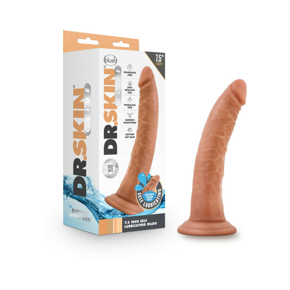 Blush Dr. Skin Glide Realistic 7.5 in. Self-Lubricating Dildo with Suction Cup Tan - Red Garter