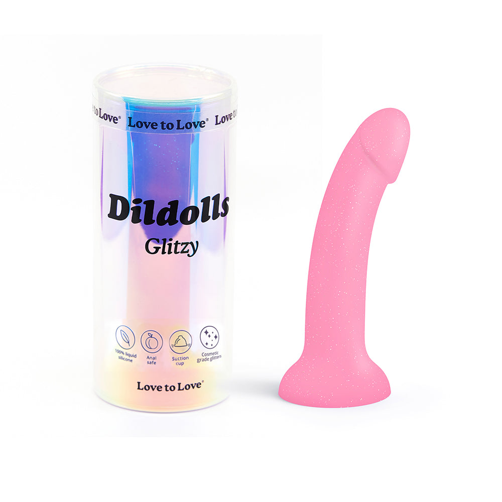 Love to Love Dildolls Glitzy 7 in. Silicone Dildo Pink Glitter - Red Garter