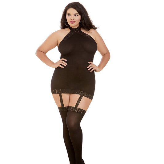 Dreamgirl Semi-Sheer Halter Garter Dress With Snap-Neck Closure and Thigh-Highs Black Queen - Red Garter