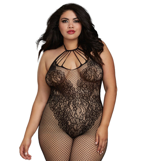 Dreamgirl Fishnet Bodystocking With Knitted Teddy Design Black Queen - Red Garter