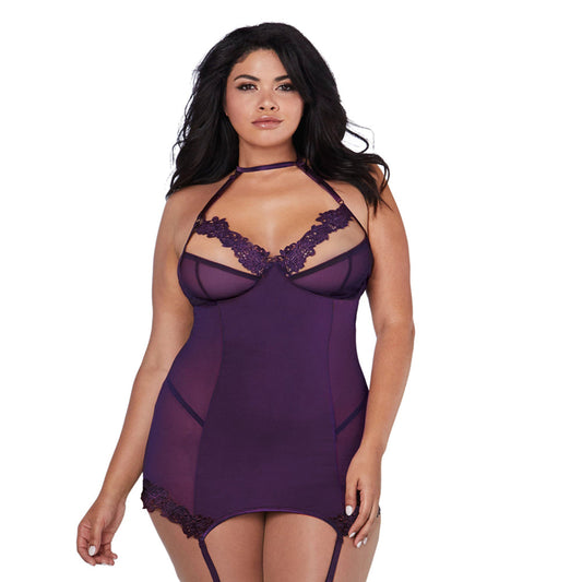 Dreamgirl Microfiber and Mesh Garter Slip With Underwire Shelf Bra Plum Queen - Red Garter