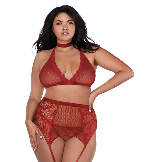 Dreamgirl Fishnet and Lace Four-Piece Set With Stretch Velvet Trim Accents Garnet Queen - Red Garter