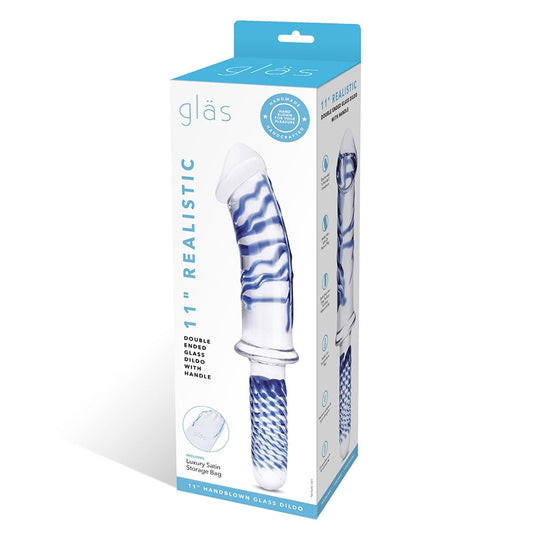 Glas 11 in. Realistic Double Ended Glass Dildo with Handle - Red Garter