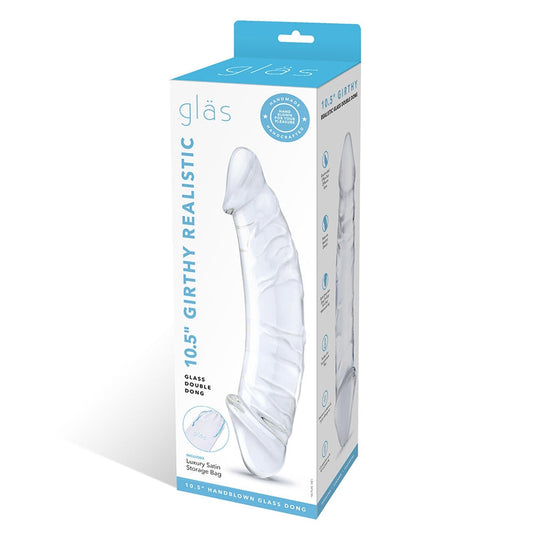 Glas 10.5 in. Girthy Realistic Glass Double Dong Dildo - Red Garter