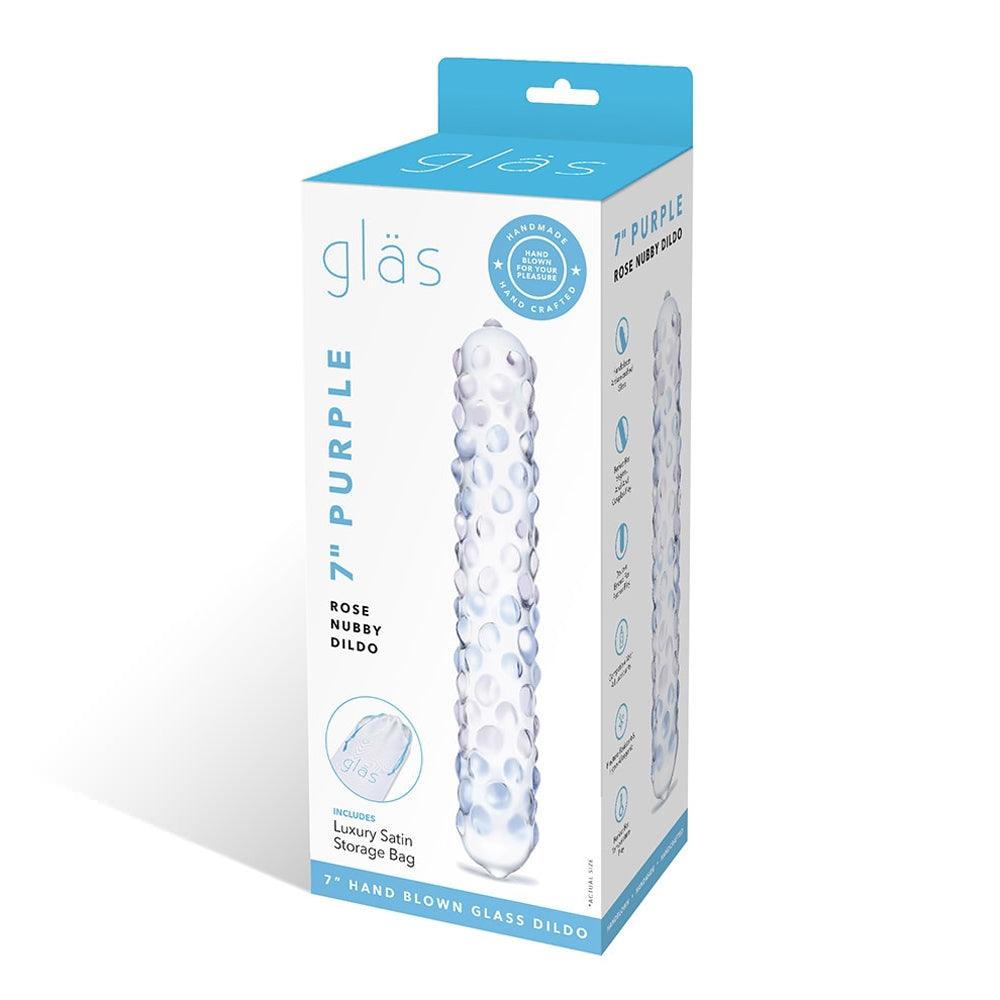 Glas 9 in. Purple Rose Nubby Glass Dildo - Red Garter