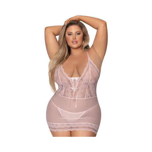 Magic Silk Seabreeze Lace-Up Chemise & G-String Blush Queen Size - Red Garter