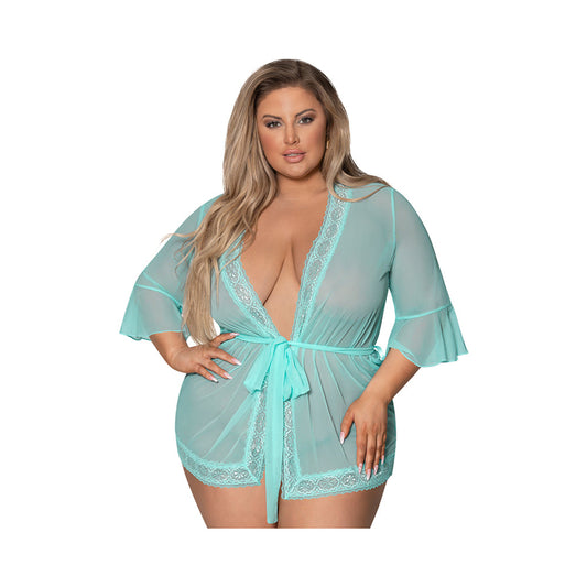 Magic Silk Seabreeze Robe With Lace Trim Turquoise Queen Size - Red Garter