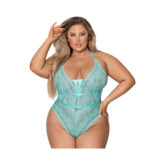 Magic Silk Seabreeze Teddy With Snap Crotch Turquoise Queen Size - Red Garter