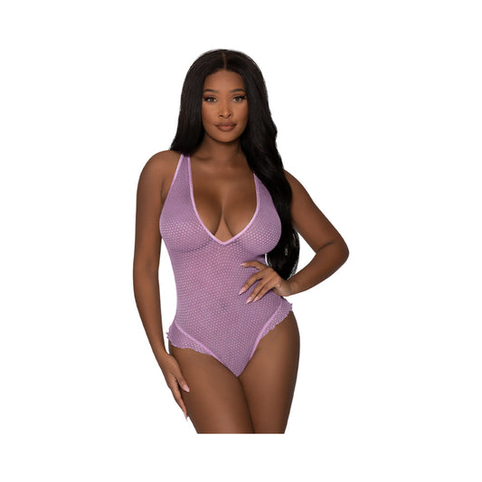 Magic Silk Girl Next Door Plunge Teddy Lilac L/XL - Red Garter