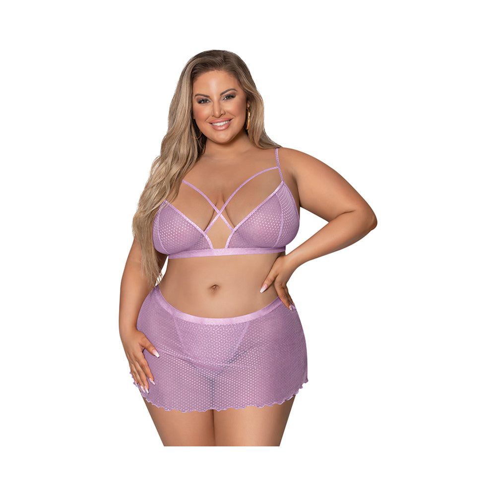 Magic Silk Girl Next Door Bralette With Skirt Lilac Queen Size - Red Garter