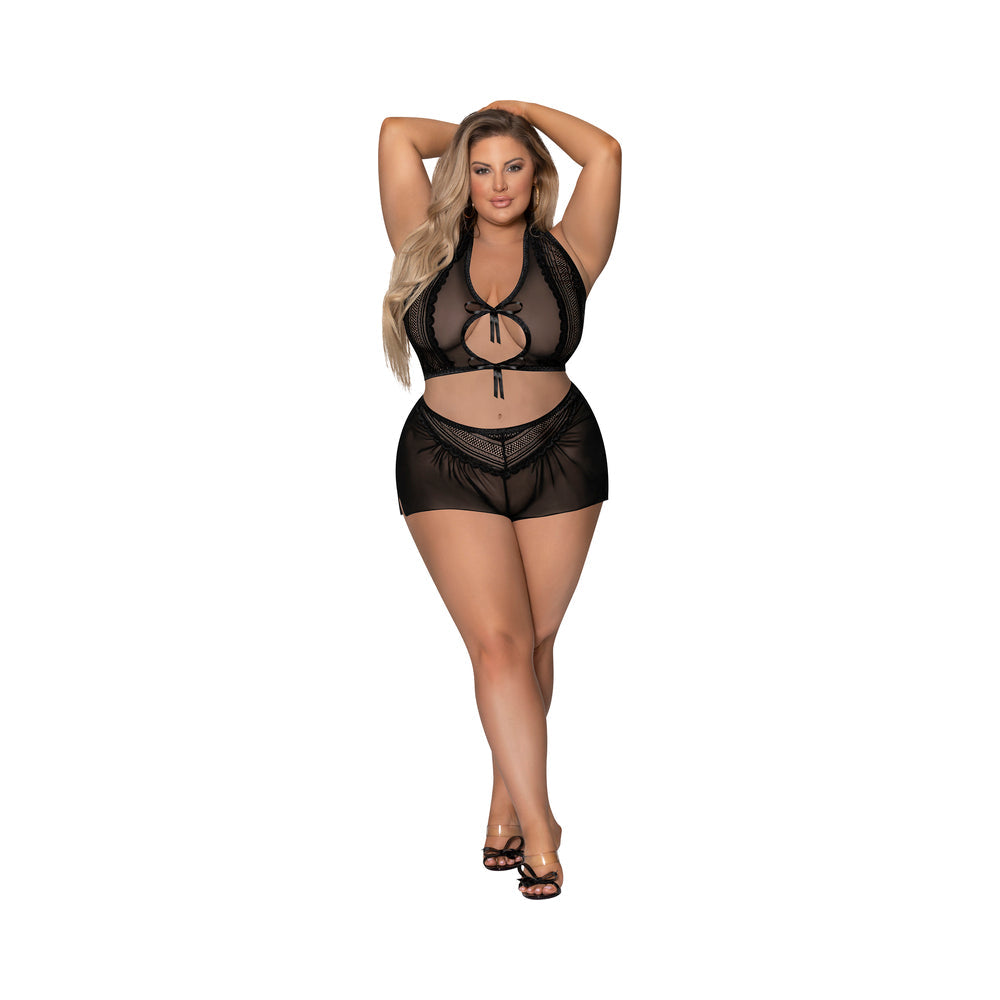 Magic Silk Modern Romance Halter & Tap Panty Black Queen Size - Red Garter