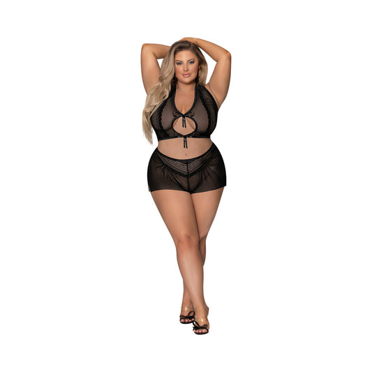 Magic Silk Modern Romance Halter & Tap Panty Black Queen Size - Red Garter